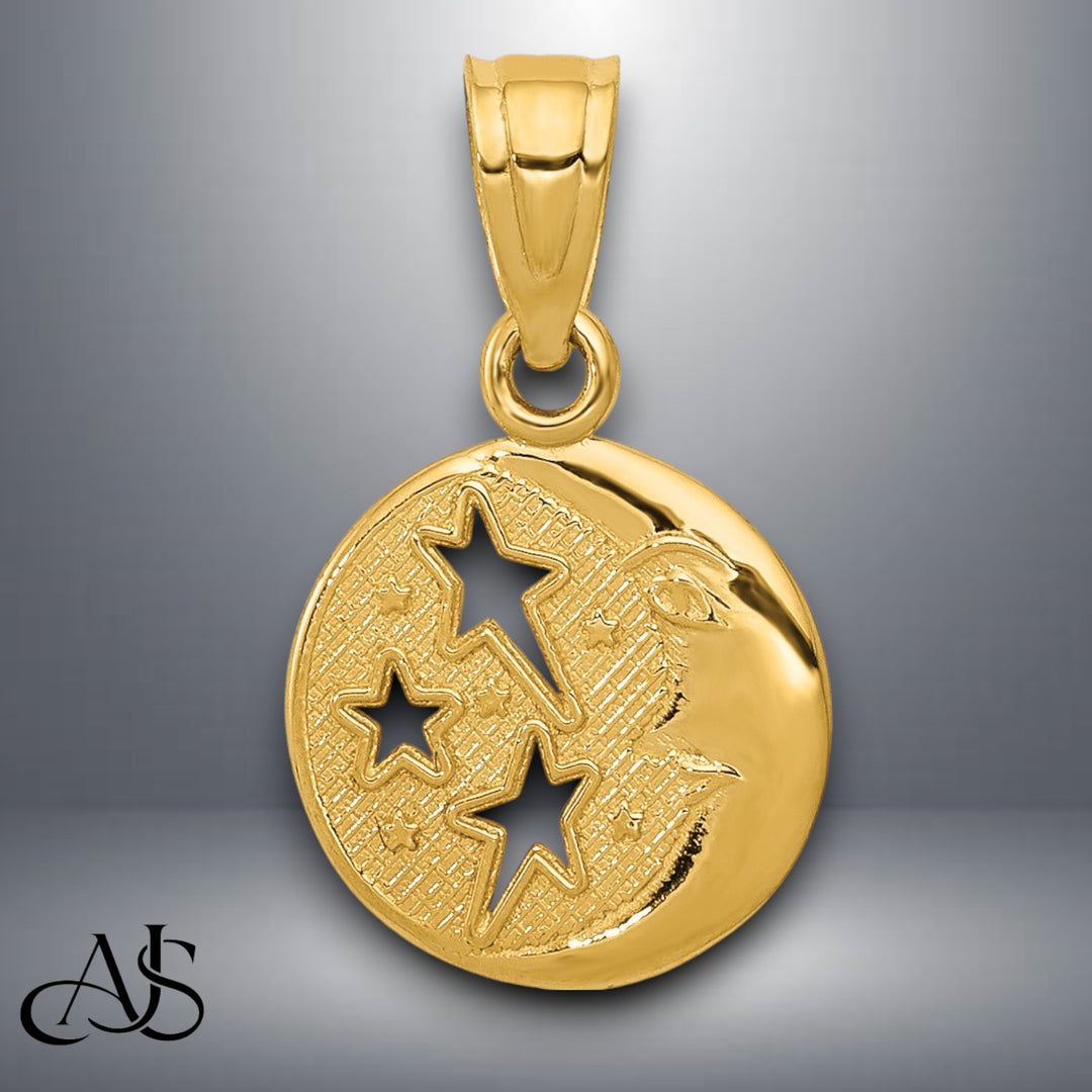14K Yellow Gold Moon and Stars Pendant with Necklace Chain Options