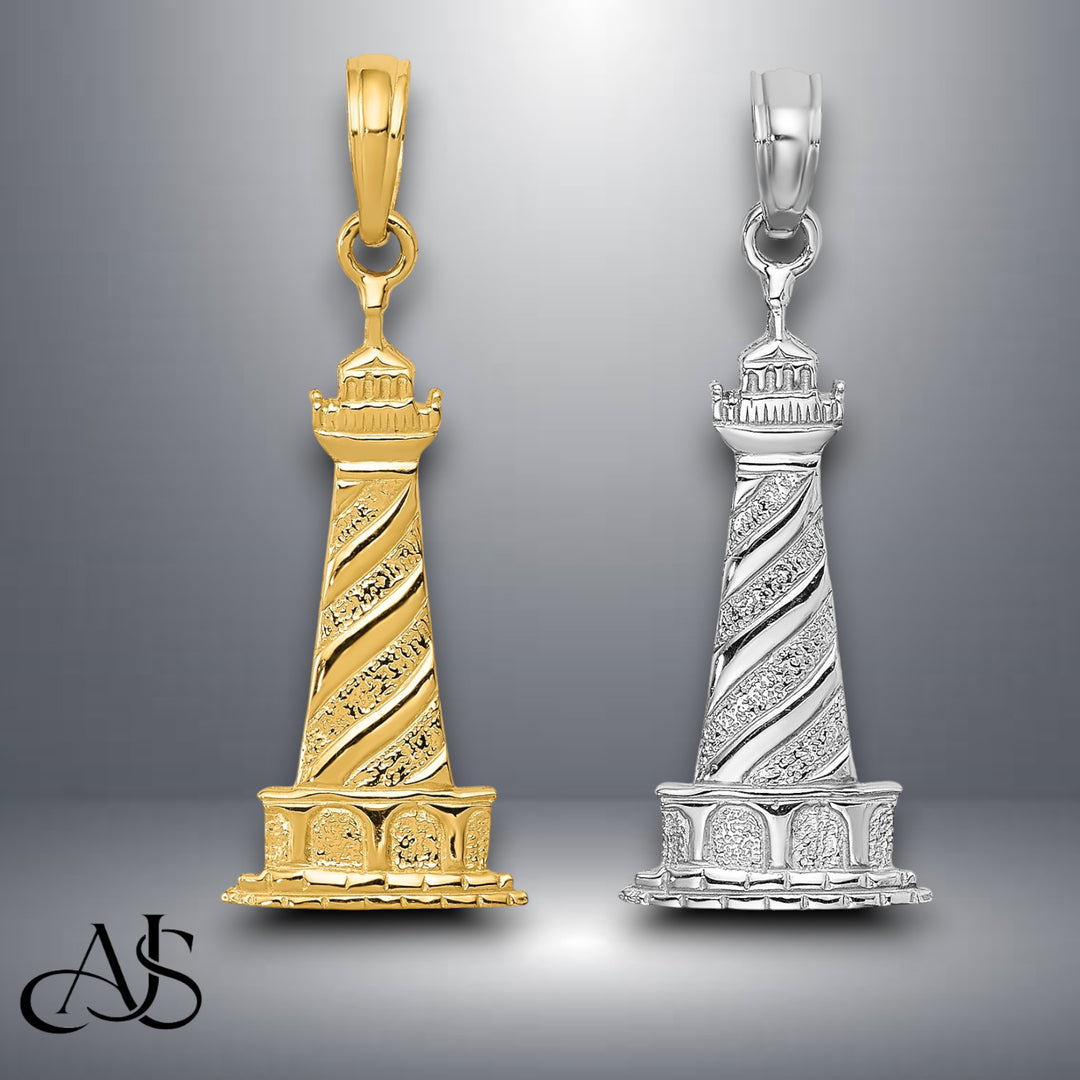 14K Yellow Gold or White Gold Lighthouse Pendant with Necklace Chain Options