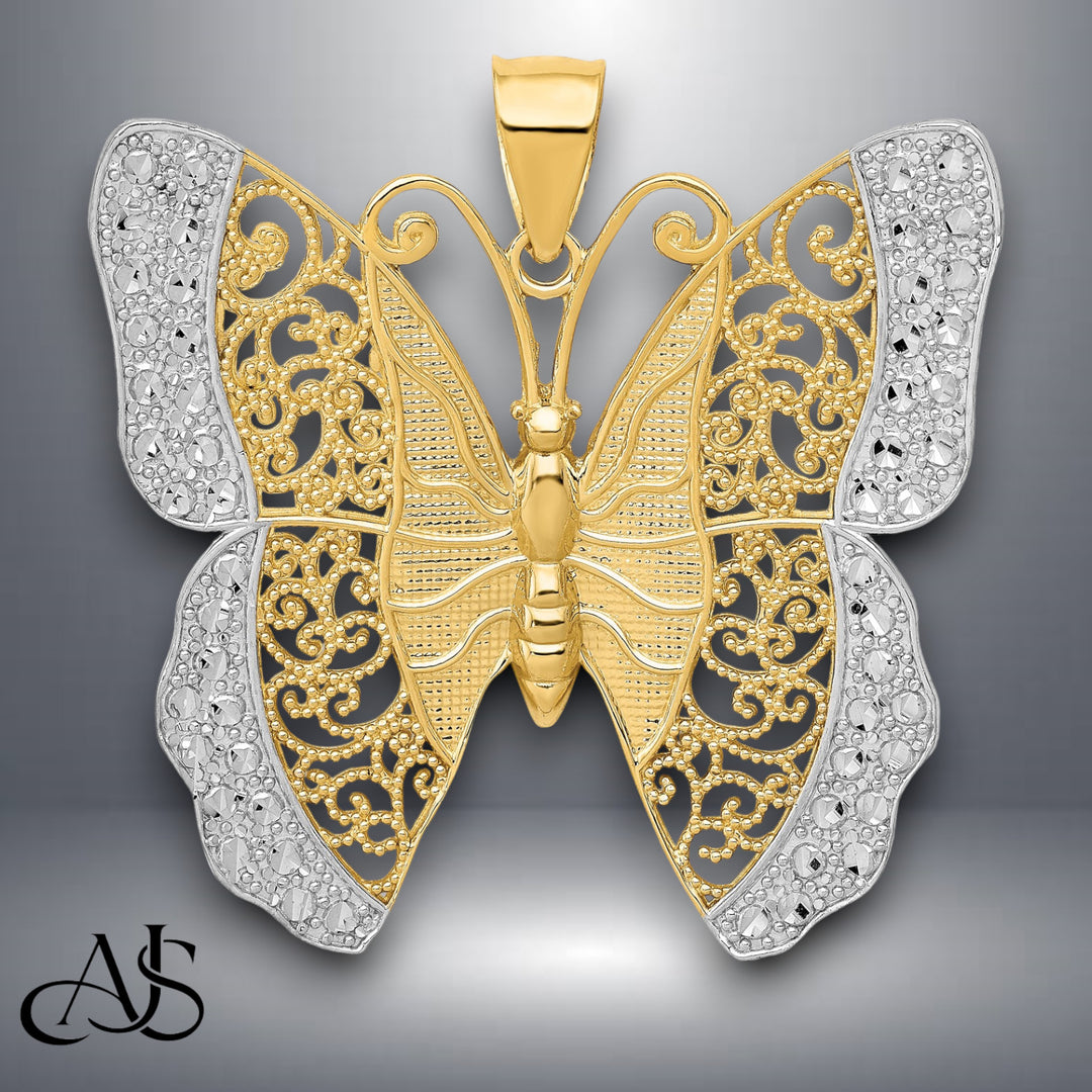 14K Yellow Gold w/ Rhodium Solid Polished Diamond-cut Filigree Butterfly Pendant with Necklace Chain Options