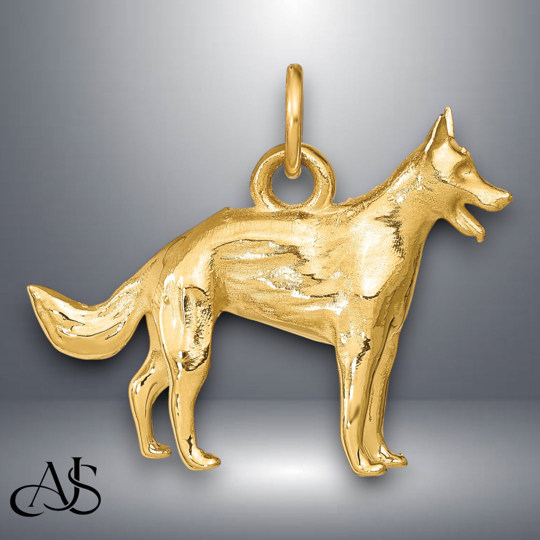 14K Yellow Gold Solid Polished 3-D German Shepherd Charm with Necklace Chain Options