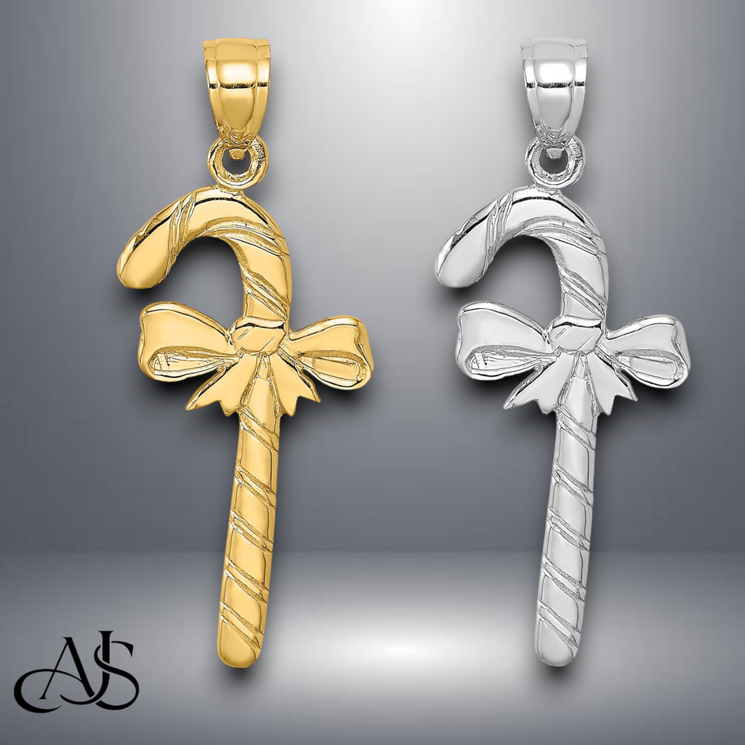 14K Yellow Gold or White Gold Solid Polished Candy Cane Charm with Necklace Chain Options