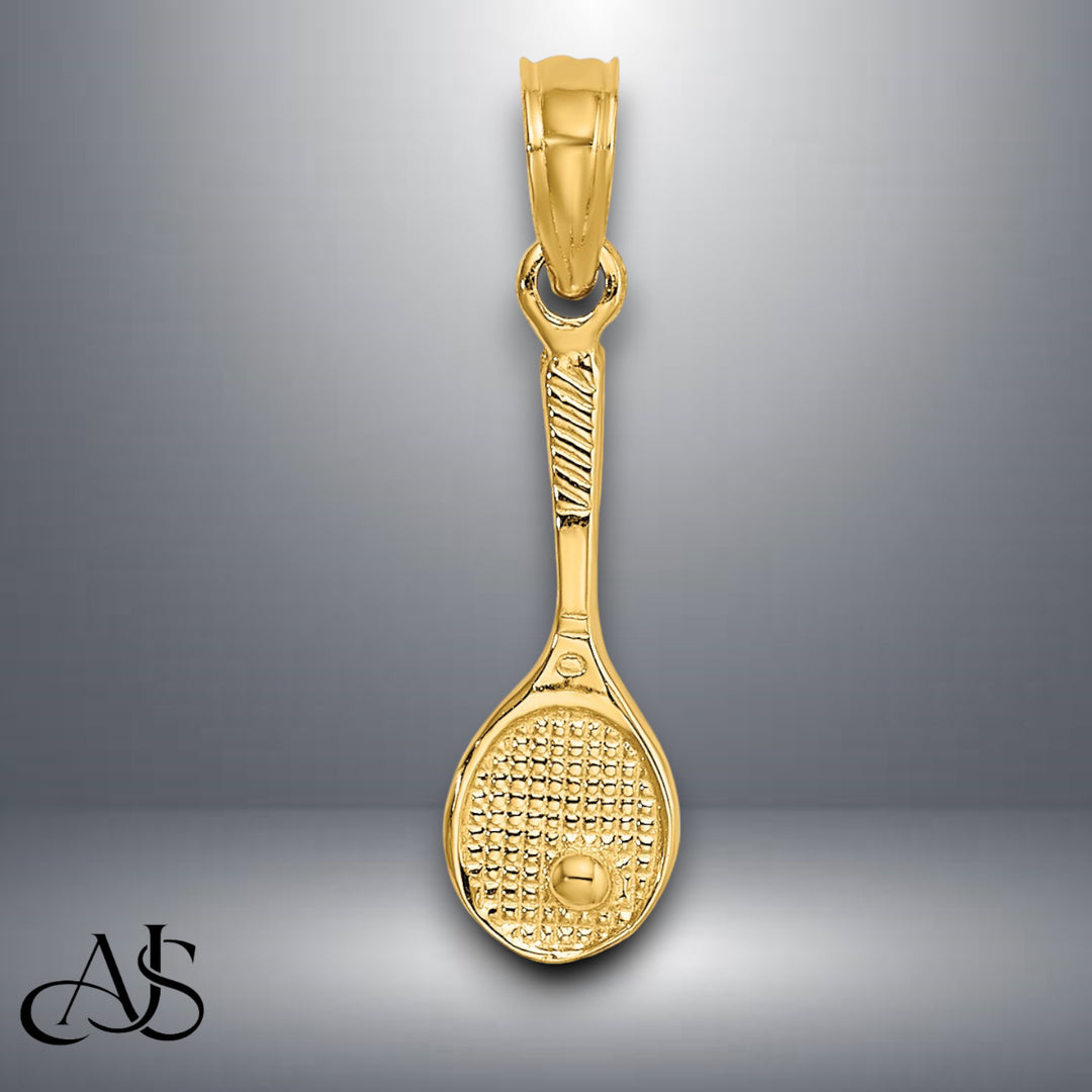 14K Yellow Gold Solid Polished 3-D Tennis Racquet Charm with Necklace Chain Options