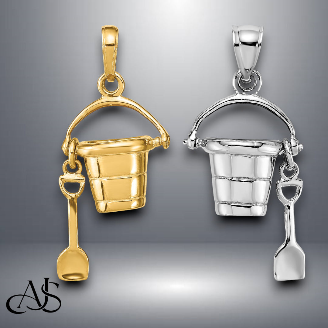 14K Yellow Gold or White Gold Polished 3-D Moveable Pail and Shovel Pendant with Necklace Chain Options