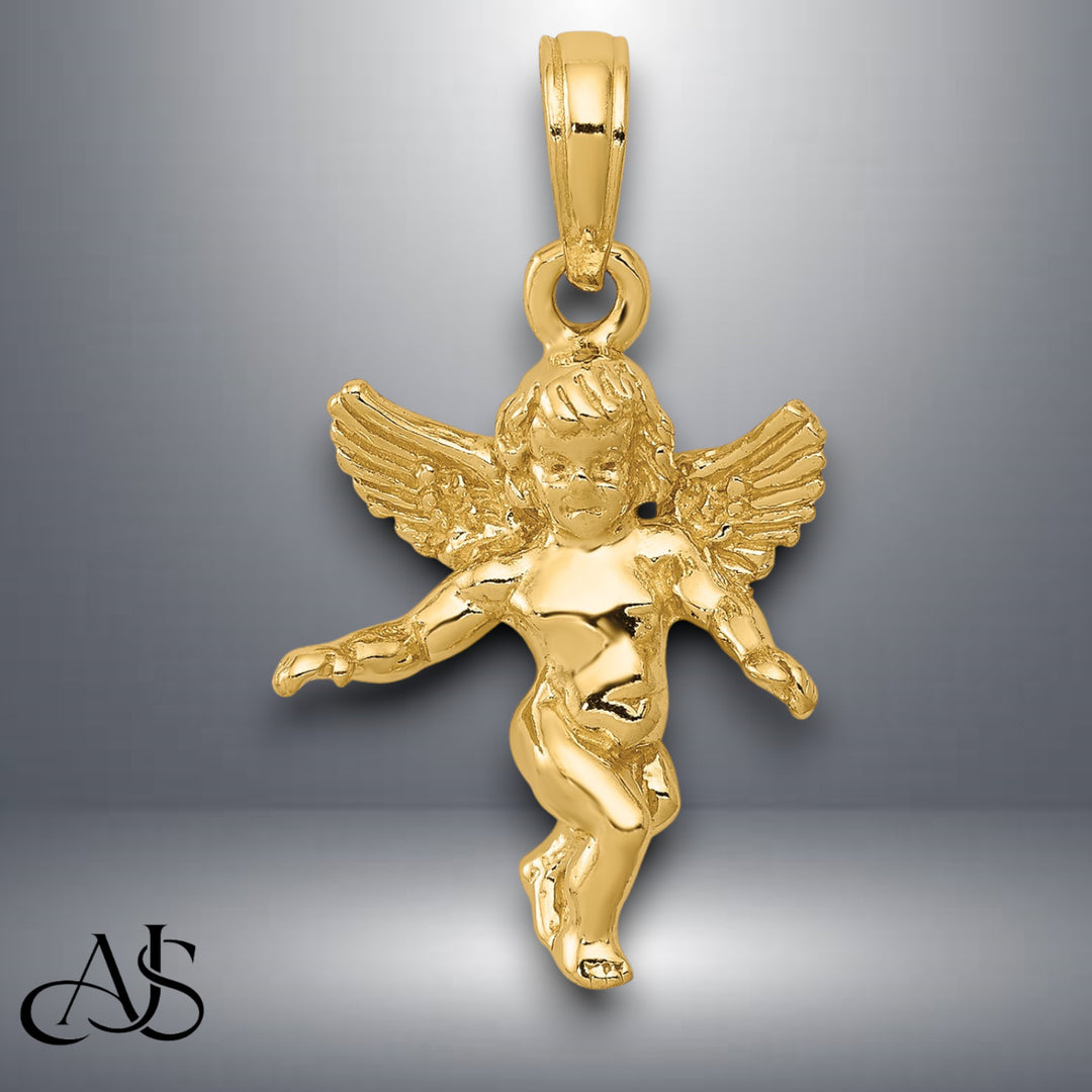 14K Yellow Gold or White Gold 3D Polished Solid Angel Pendant with Necklace Chain Options