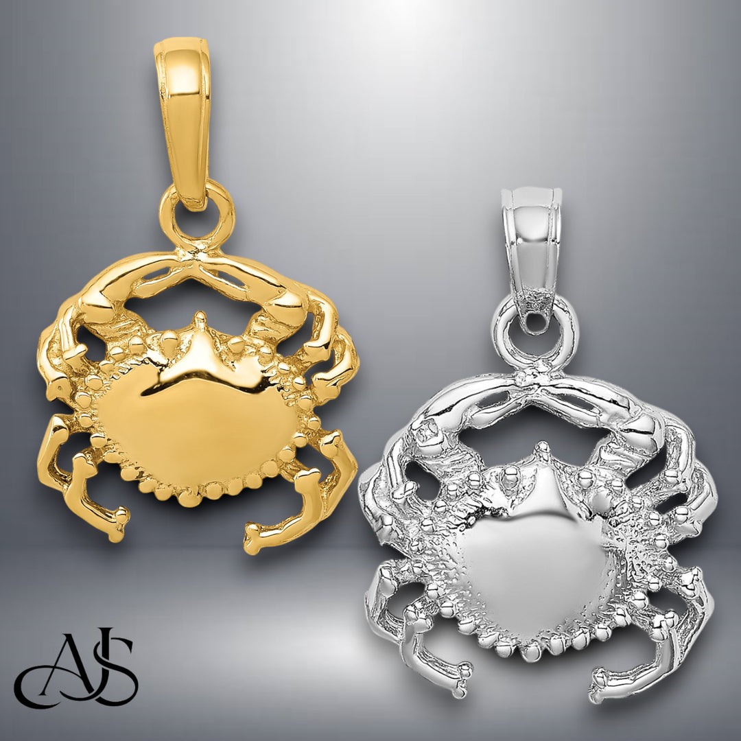 14K Yellow Gold or White Gold Solid Polished Open-Backed Crab Pendant with Necklace Chain Options