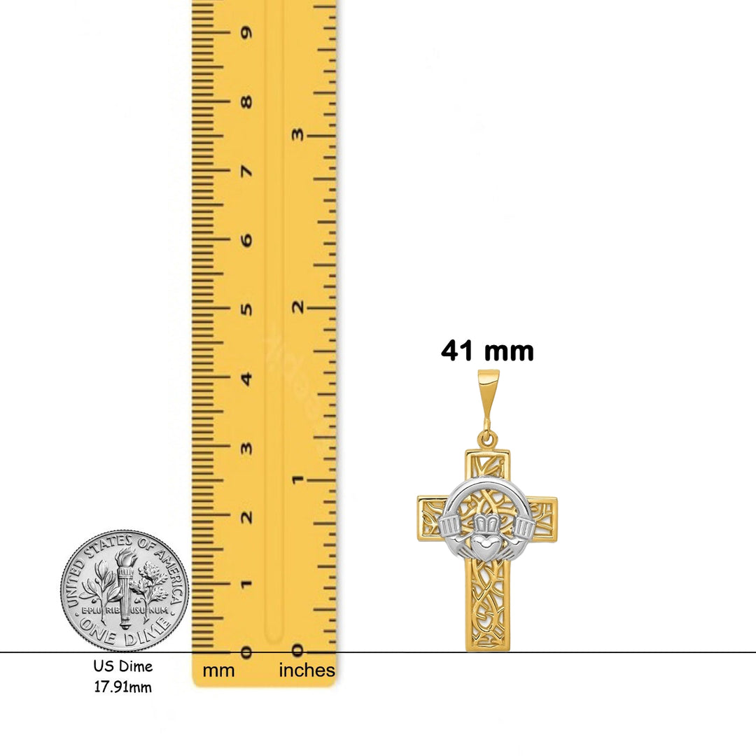 14K Two-tone Gold Claddagh Cross Pendant with Necklace Chain Options