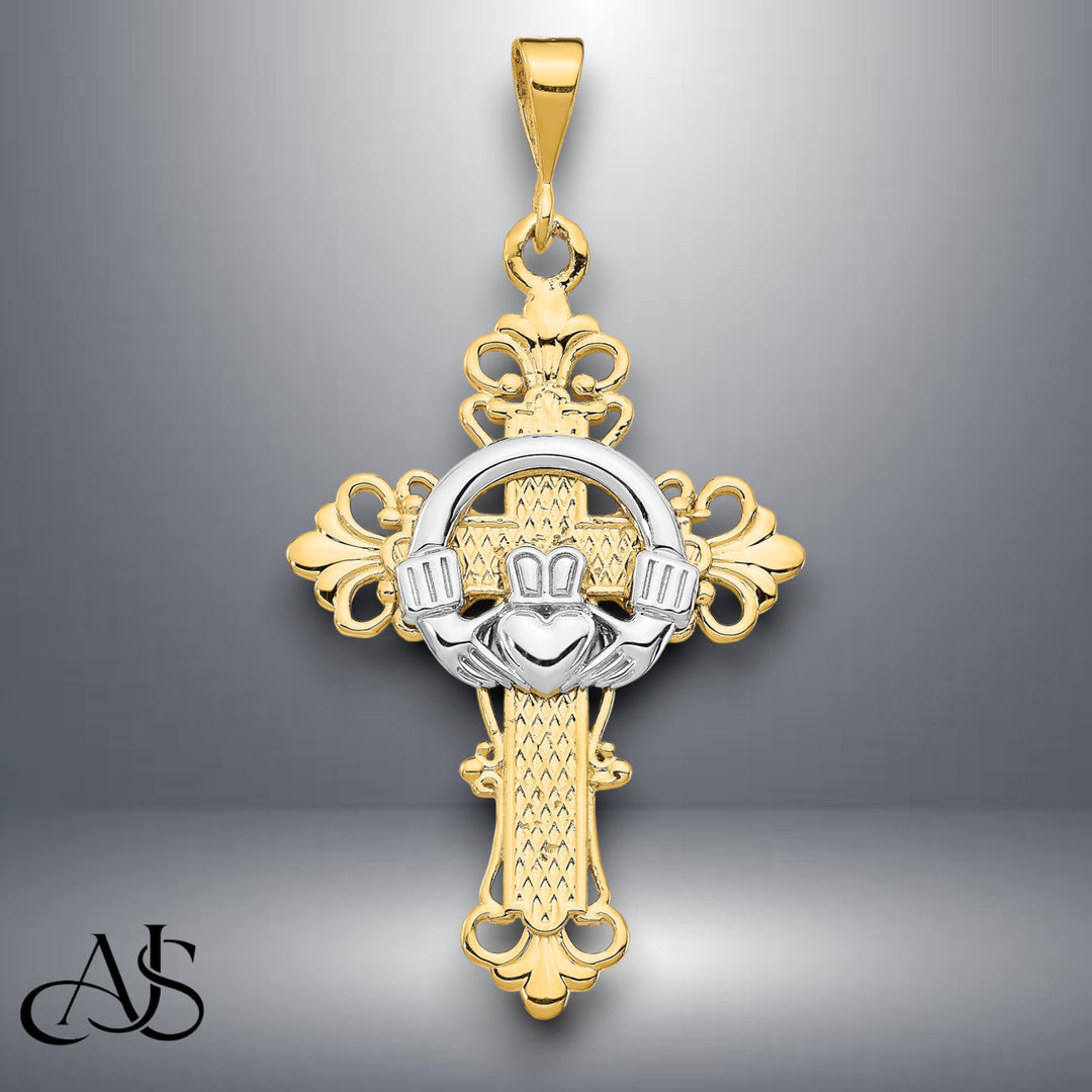 14K Two-tone Gold Claddagh Cross Pendant with Necklace Chain Options