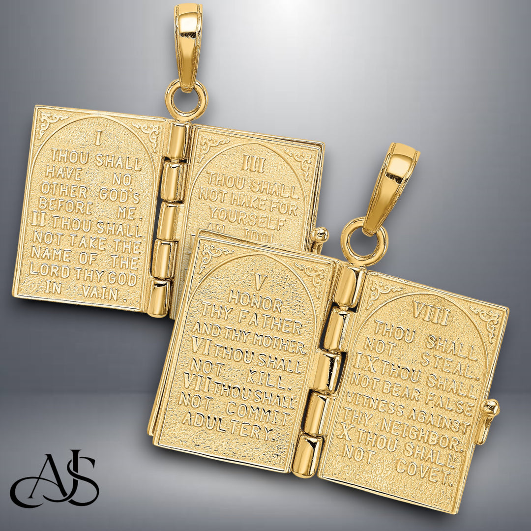 14K Yellow Gold 3D Ten Commandments Bible Pendant with Necklace Chain Options
