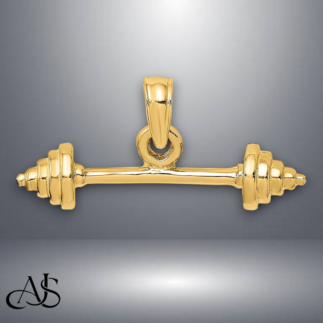 14K Yellow Gold Solid Polished 3-D Dumbbell Charm with Necklace Chain Options