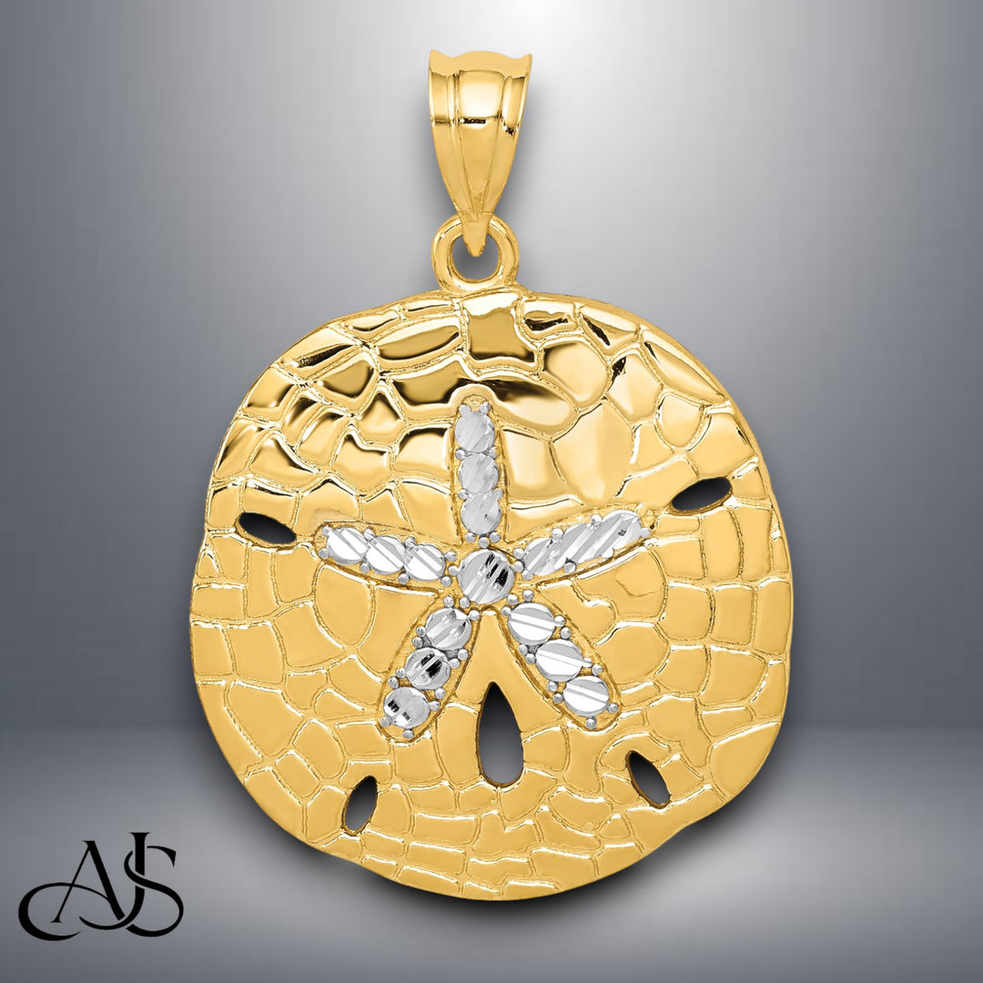 14K Yellow Gold with White Rhodium Polished Diamond-Cut Sand Dollar Pendant with Necklace Chain Options