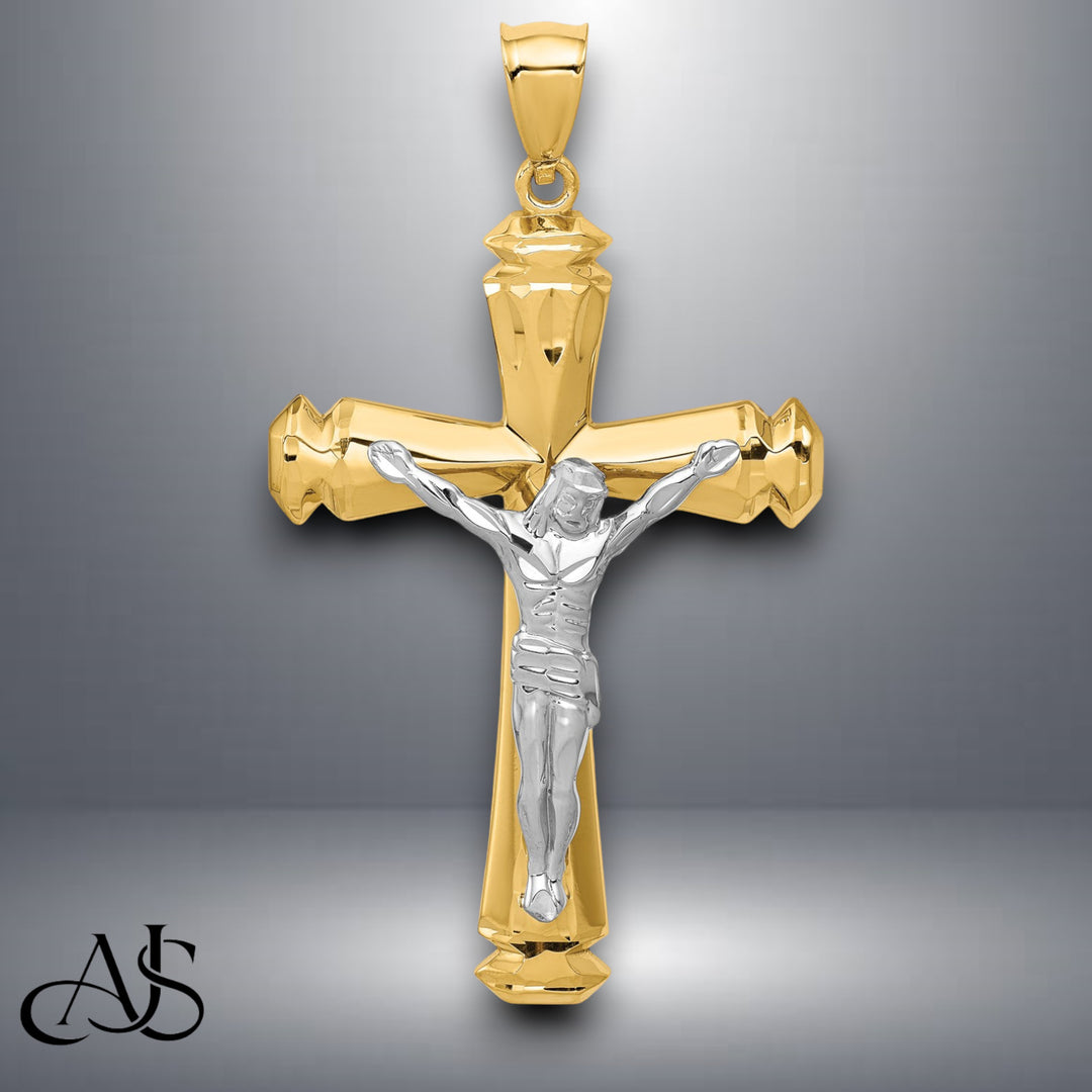 14K Polished Two-tone Gold Crucifix Pendant with Necklace Chain Options