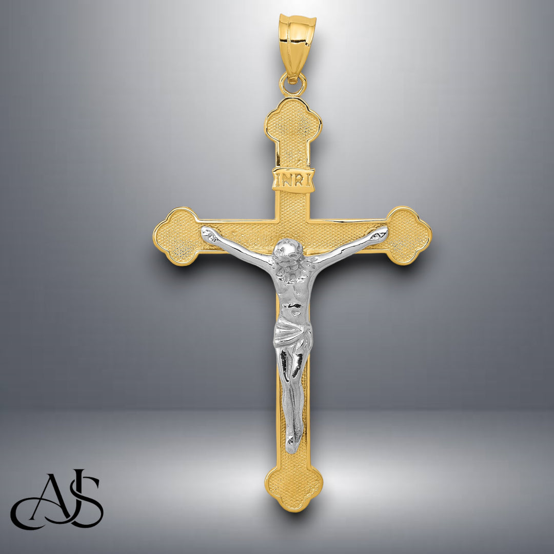 14K Two-tone Gold INRI Crucifix Pendant with Necklace Chain Options