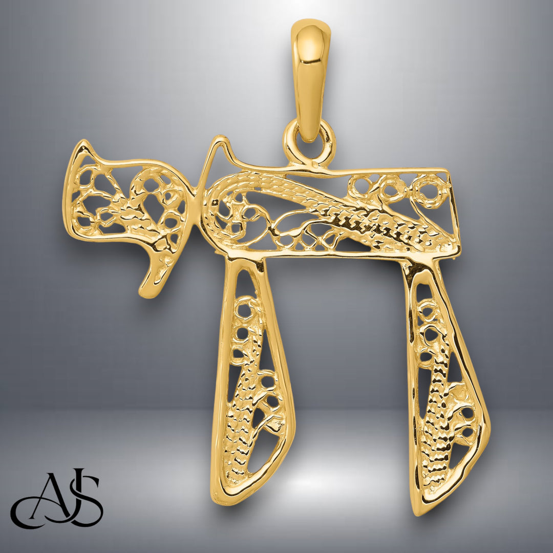 14K Yellow Gold Filigree Chai Pendant with Necklace Chain Options