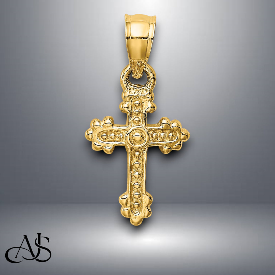 14K Yellow Gold Tiny Budded Cross Charm with Necklace Chain Options