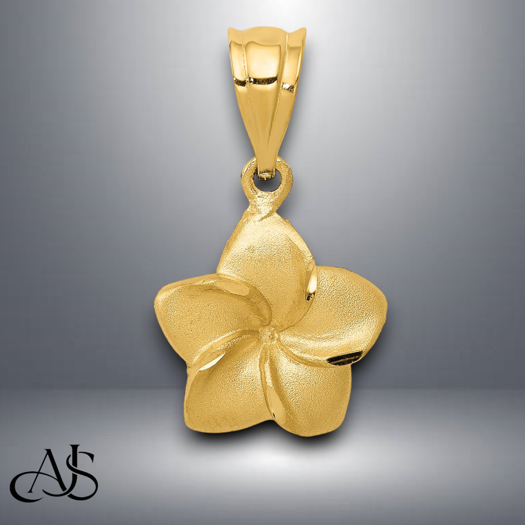 14K Yellow Gold Plumeria Floral Charm Pendant with Necklace Chain Options