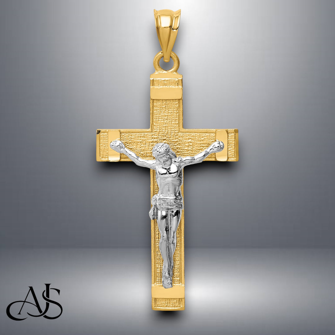 14K Two-tone Gold INRI Crucifix Pendant with Necklace Chain Options