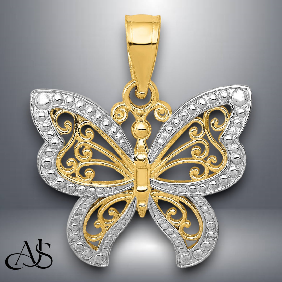 14K Yellow Gold and Rhodium Buttterfly Charm with Necklace Chain Options