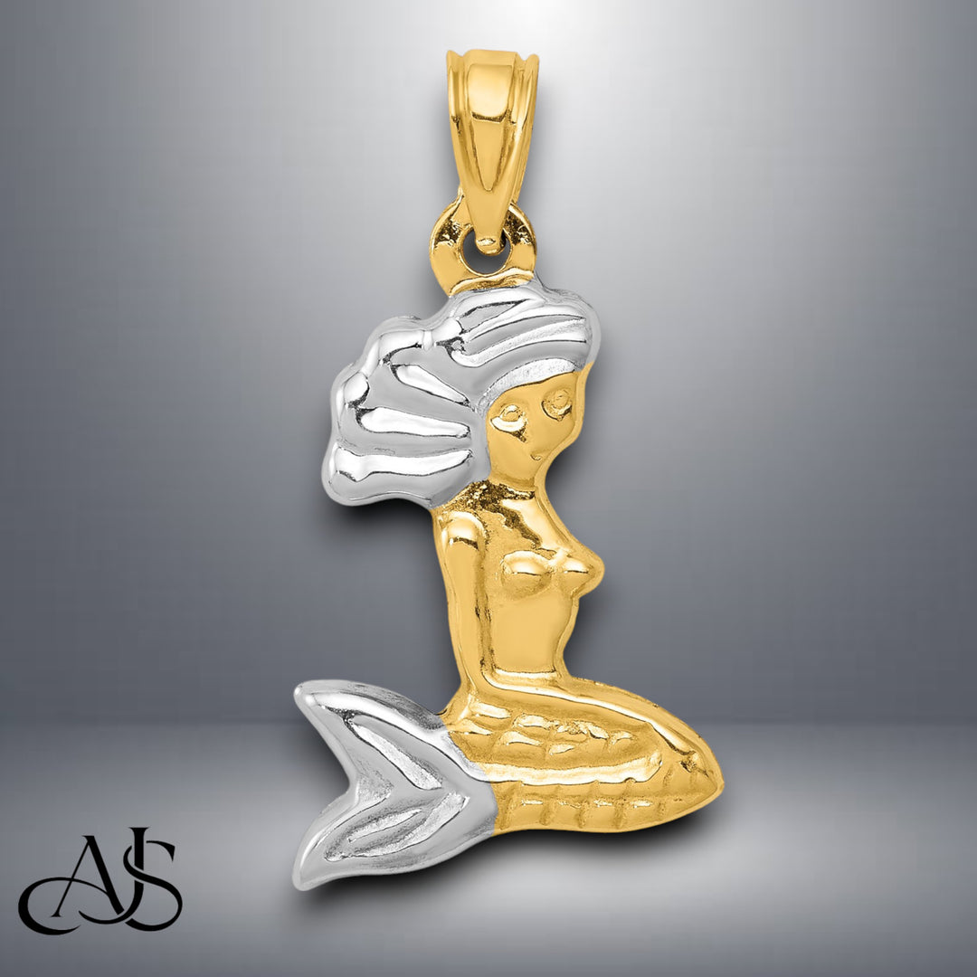 14K Yellow Gold with White Rhodium 3-D Mermaid Pendant with Necklace Chain Options