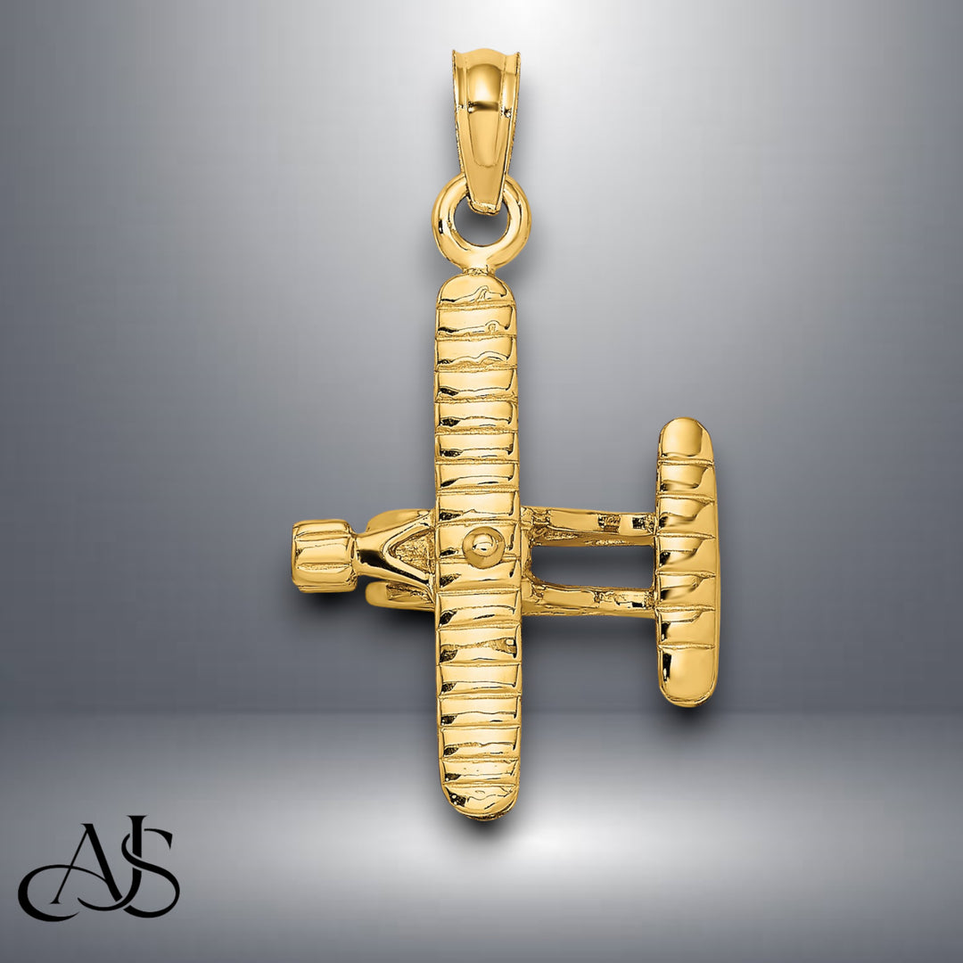 14K Yellow Gold 3-D Bi-Plane with Ribbed Wings Charm with Necklace Chain Options
