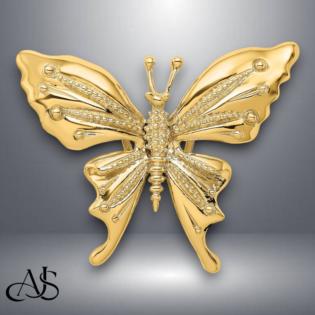 14K Yellow Gold Polished and Beaded Butterfly Slide Charm with Necklace Chain Options