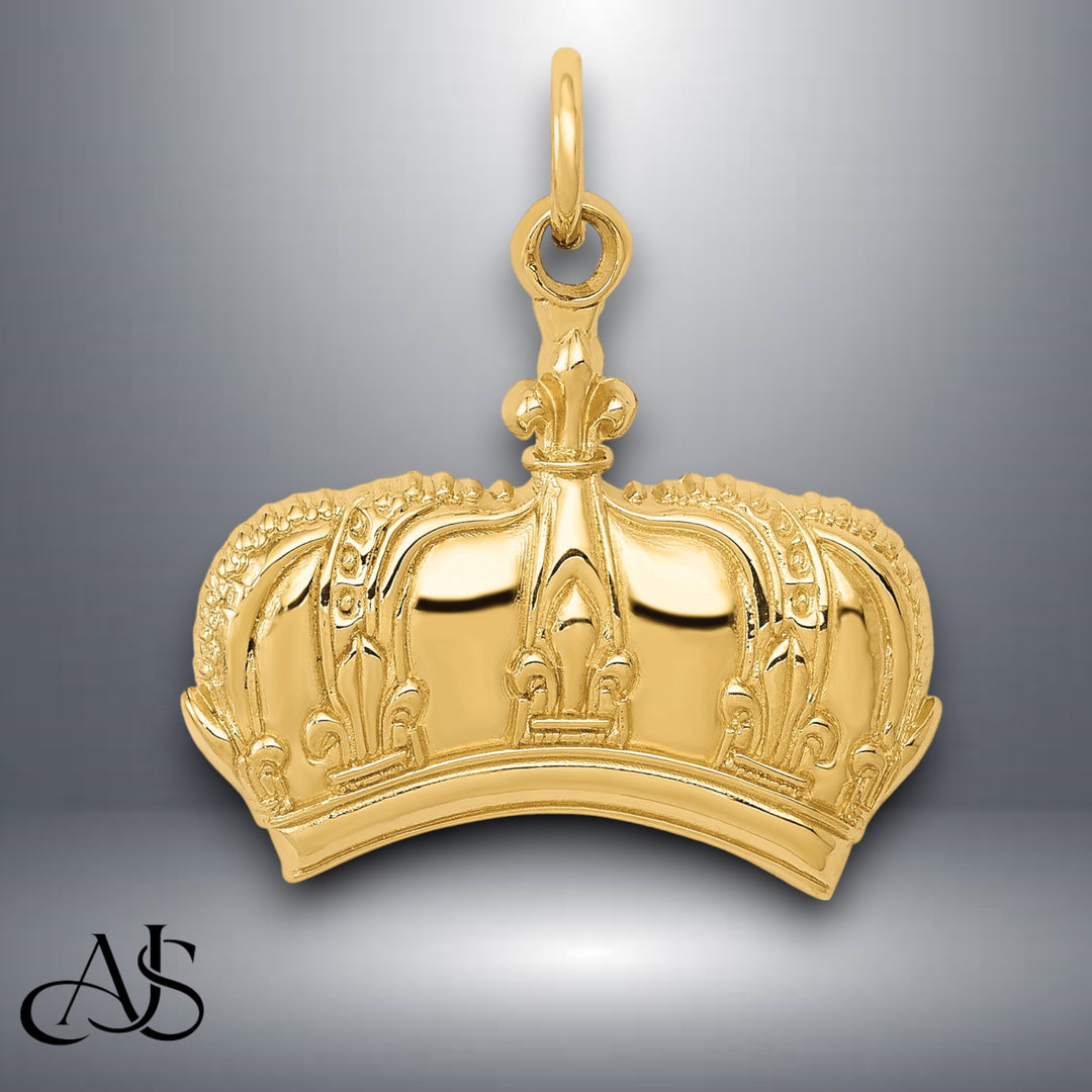 14K Yellow Gold Fleur De Lis Crown Charm with Necklace Chain Options