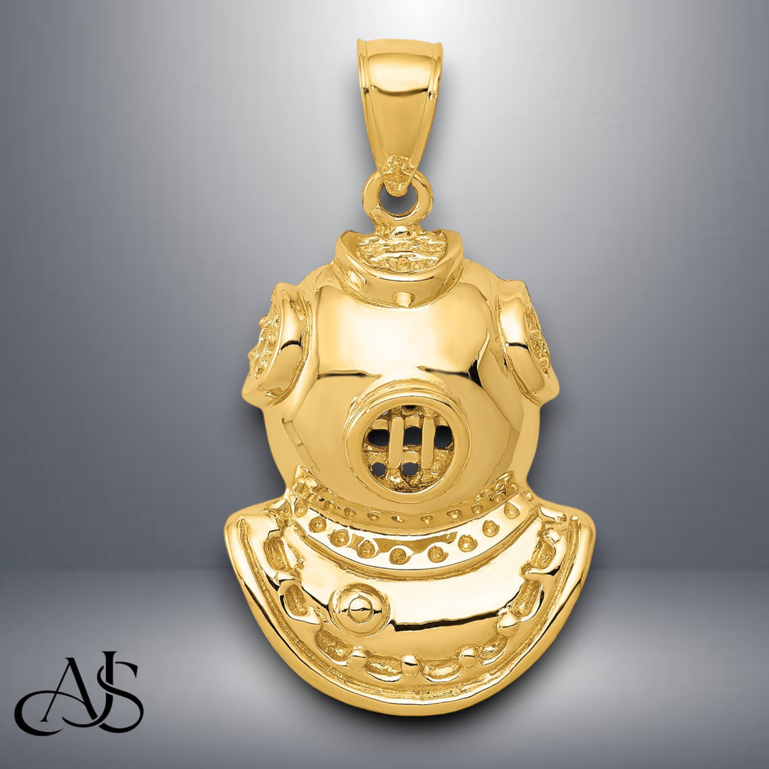 14K Yellow Gold Divers Helmet Pendant with Necklace Chain Options
