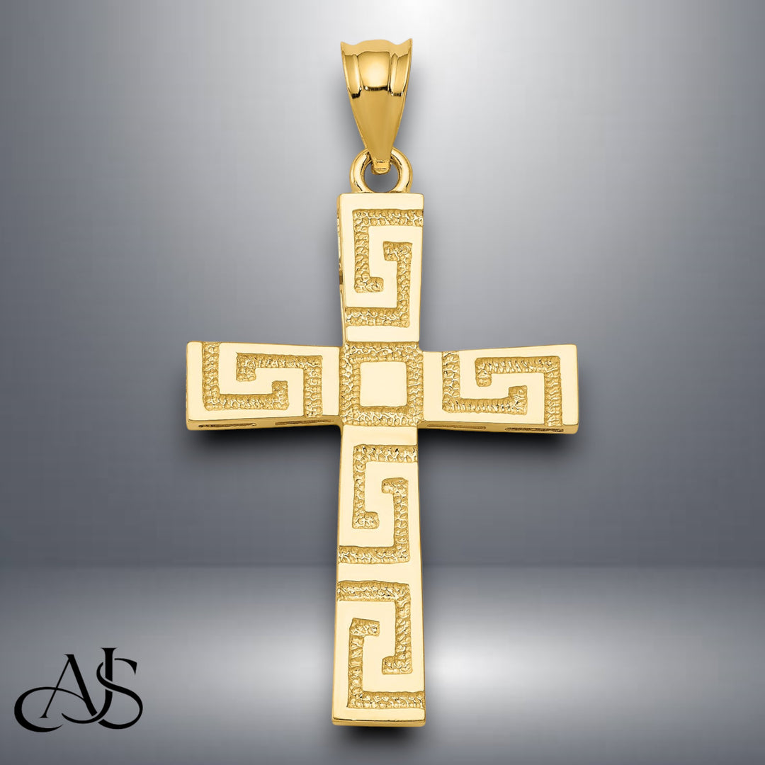 14K Yellow Gold Greek Key Cross Pendant with Necklace Chain Options