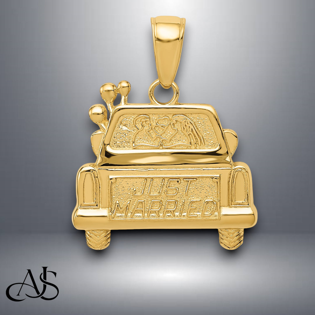 14K Yellow Gold Polished and Textured Just Married Pendant with Necklace Chain Options