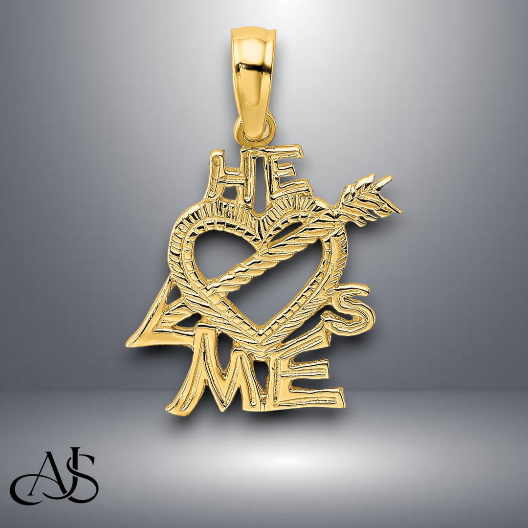 14K Yellow Gold HE LOVES ME Heart Charm with Necklace Chain Options