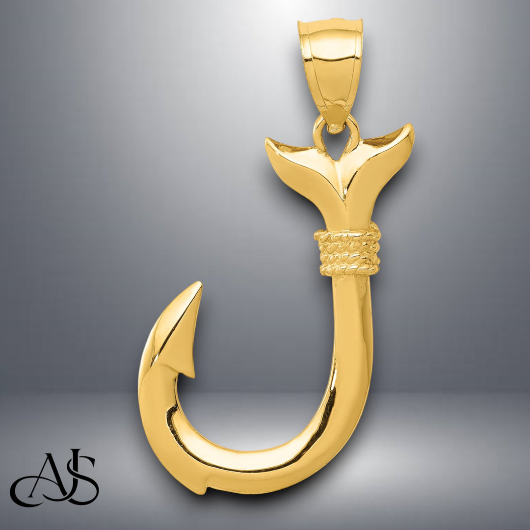 14K Yellow Gold 3D Whale Tail Hook Pendant with Necklace Chain Options