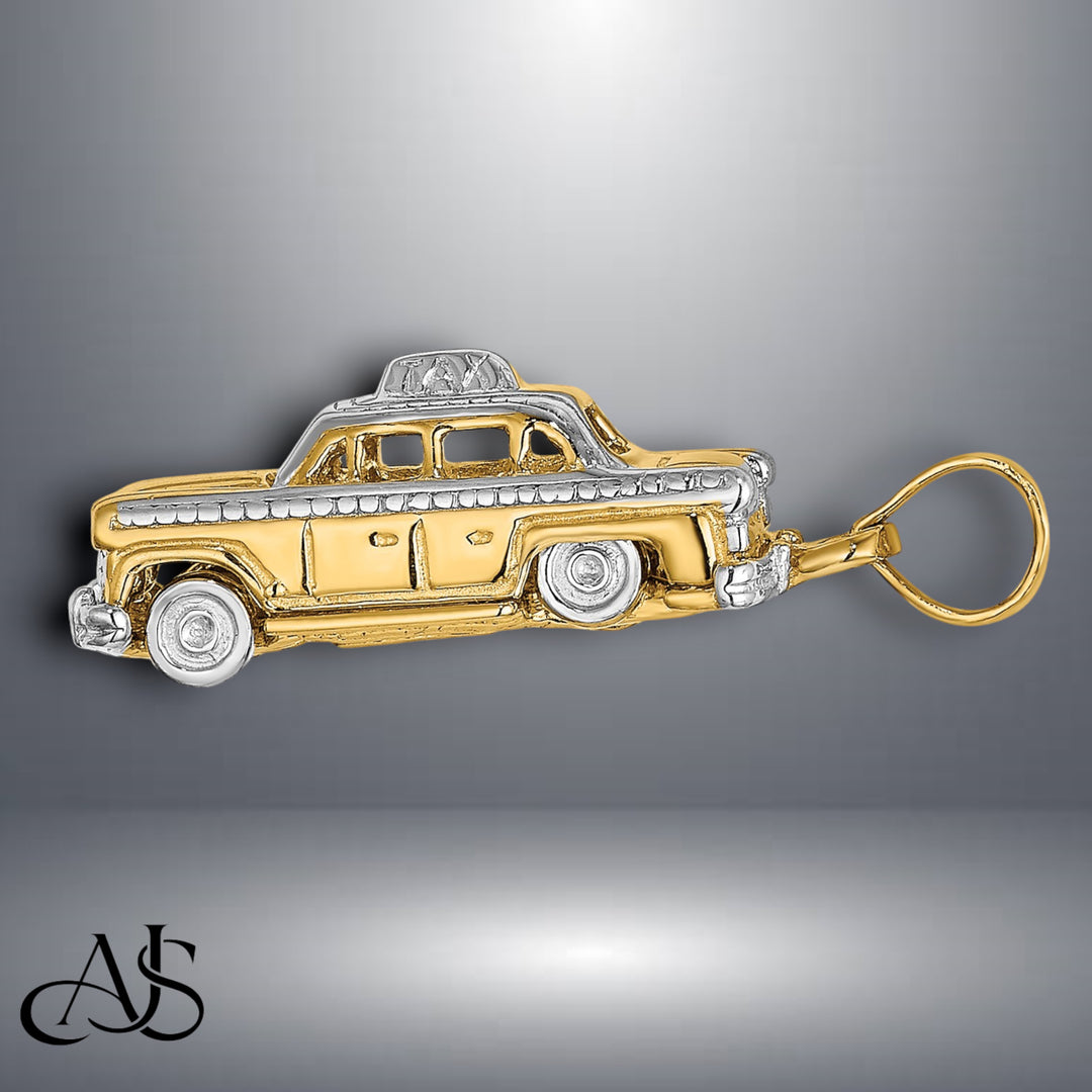 14K Yellow Gold with White Rhodium 3-D Taxi with Moveable Tires Charm with Necklace Chain Options