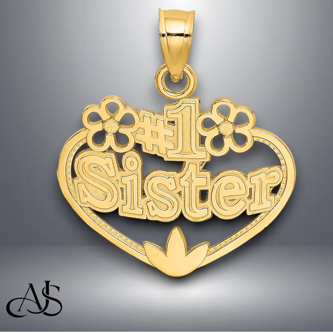 14K Yellow Gold #1 SISTER in Heart Charm with Necklace Chain Options