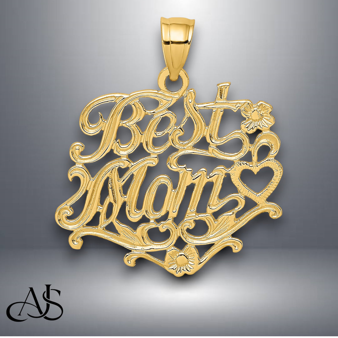 14K Yellow Gold BEST MOM Charm with Necklace Chain Options