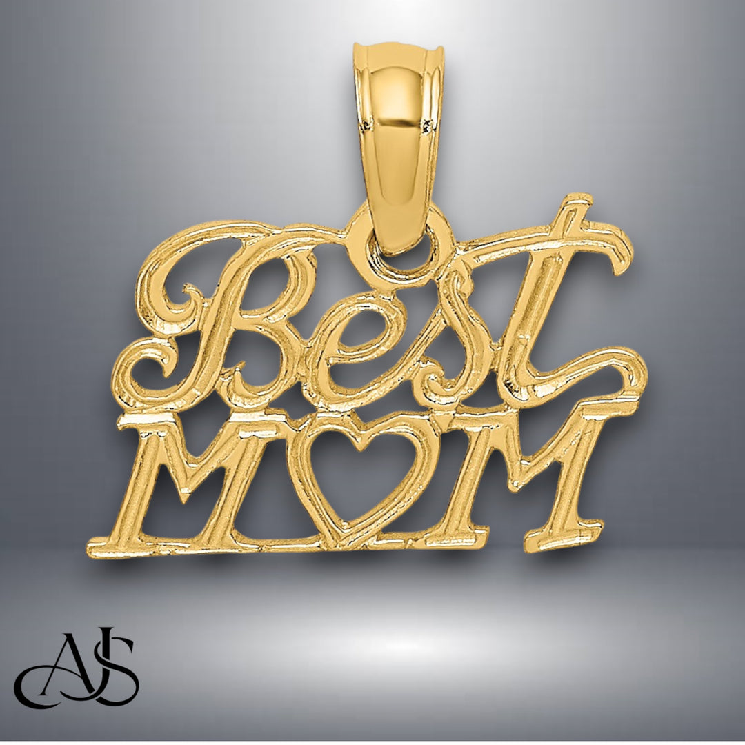 14K Yellow Gold BEST MOM with Heart Charm with Necklace Chain Options