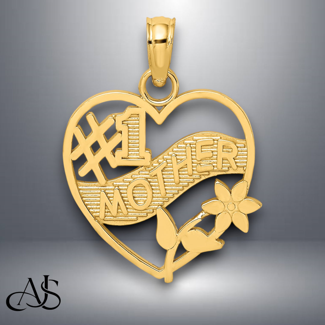 14K Yellow Gold #1 MOTHER in Heart Frame Charm with Necklace Chain Options