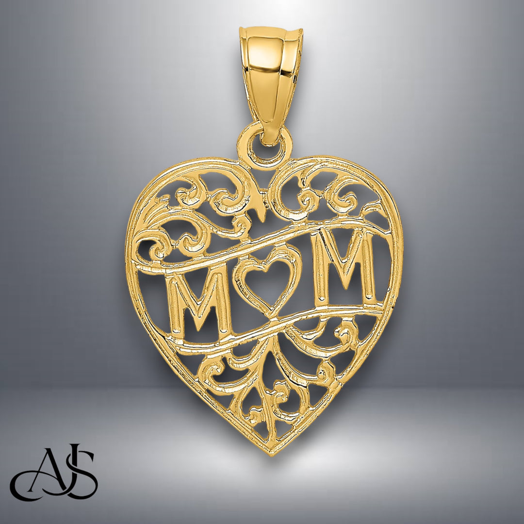14K Yellow Gold MOM in Heart Charm with Necklace Chain Options