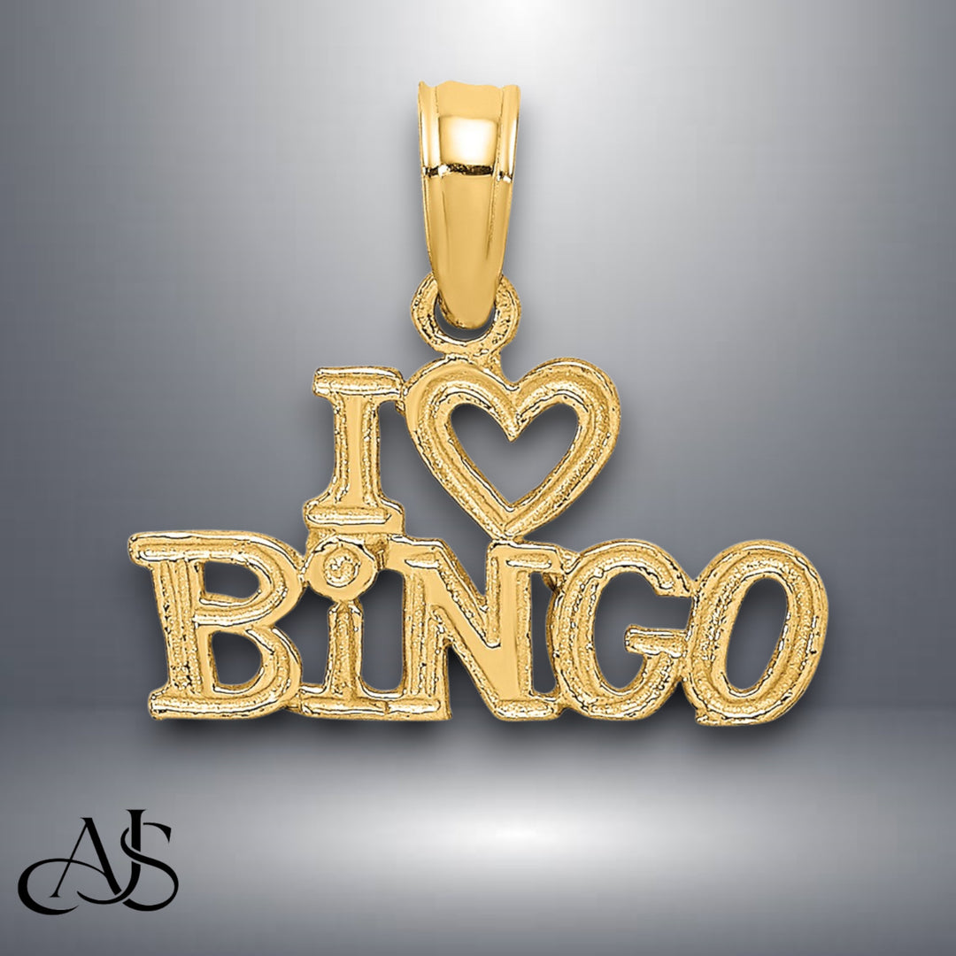 14K Yellow Gold Polished/Textured I LOVE BINGO Charm with Necklace Chain Options