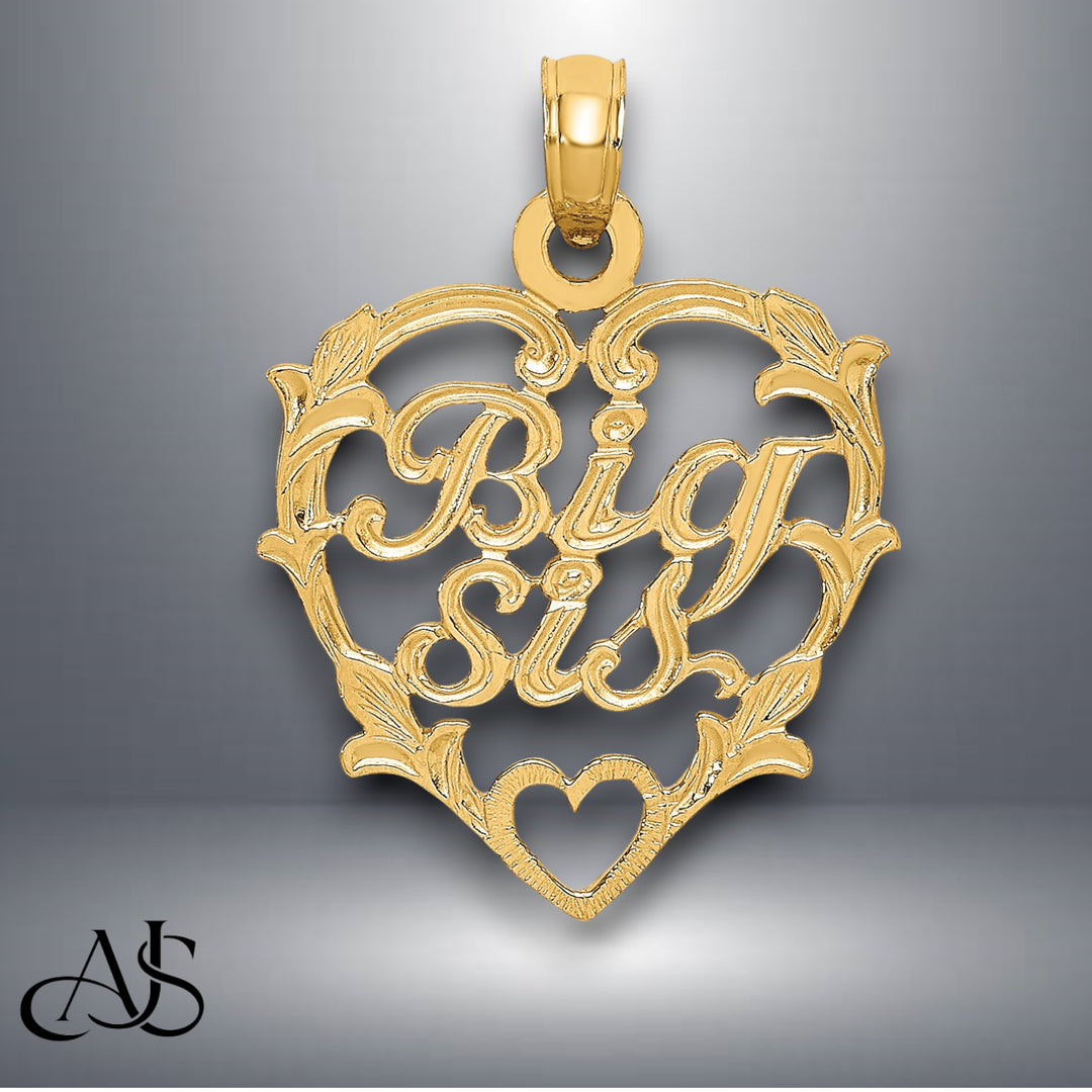 14K Yellow Gold "Big Sis/Lil Sis" in Heart Charm with Necklace Chain Options