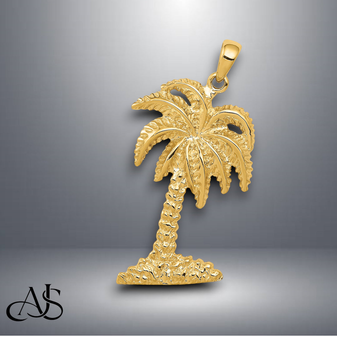 14K Yellow Gold Large Palm Tree Pendant with Necklace Chain Options