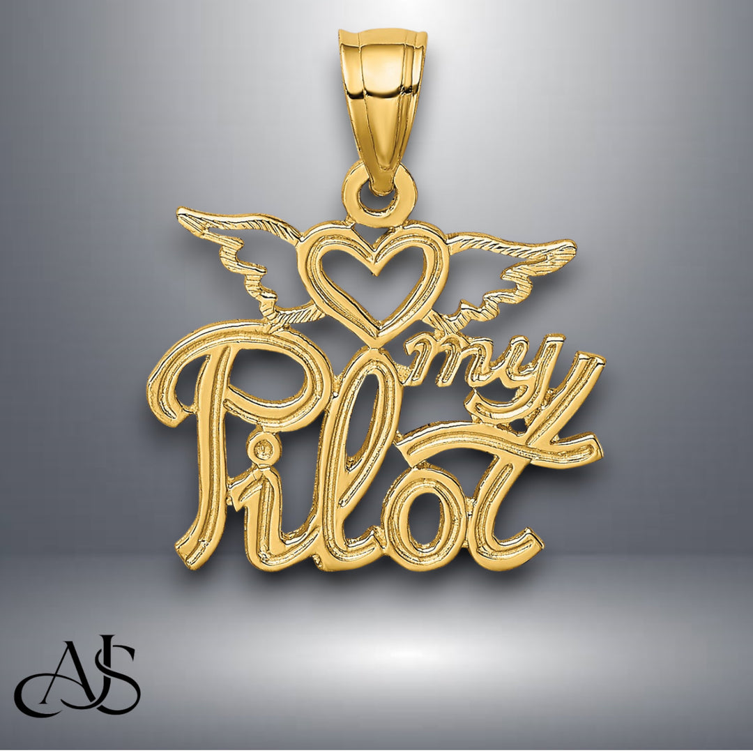 14K Yellow Gold HEART MY PILOT Charm with Necklace Chain Options
