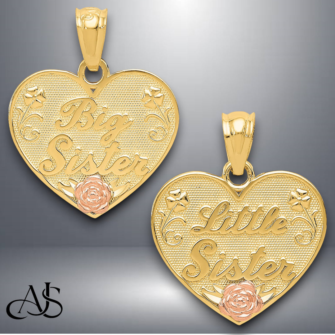 14K Two-tone Gold "Big Sister or Little Sister" Heart Pendant with Necklace Chain Options