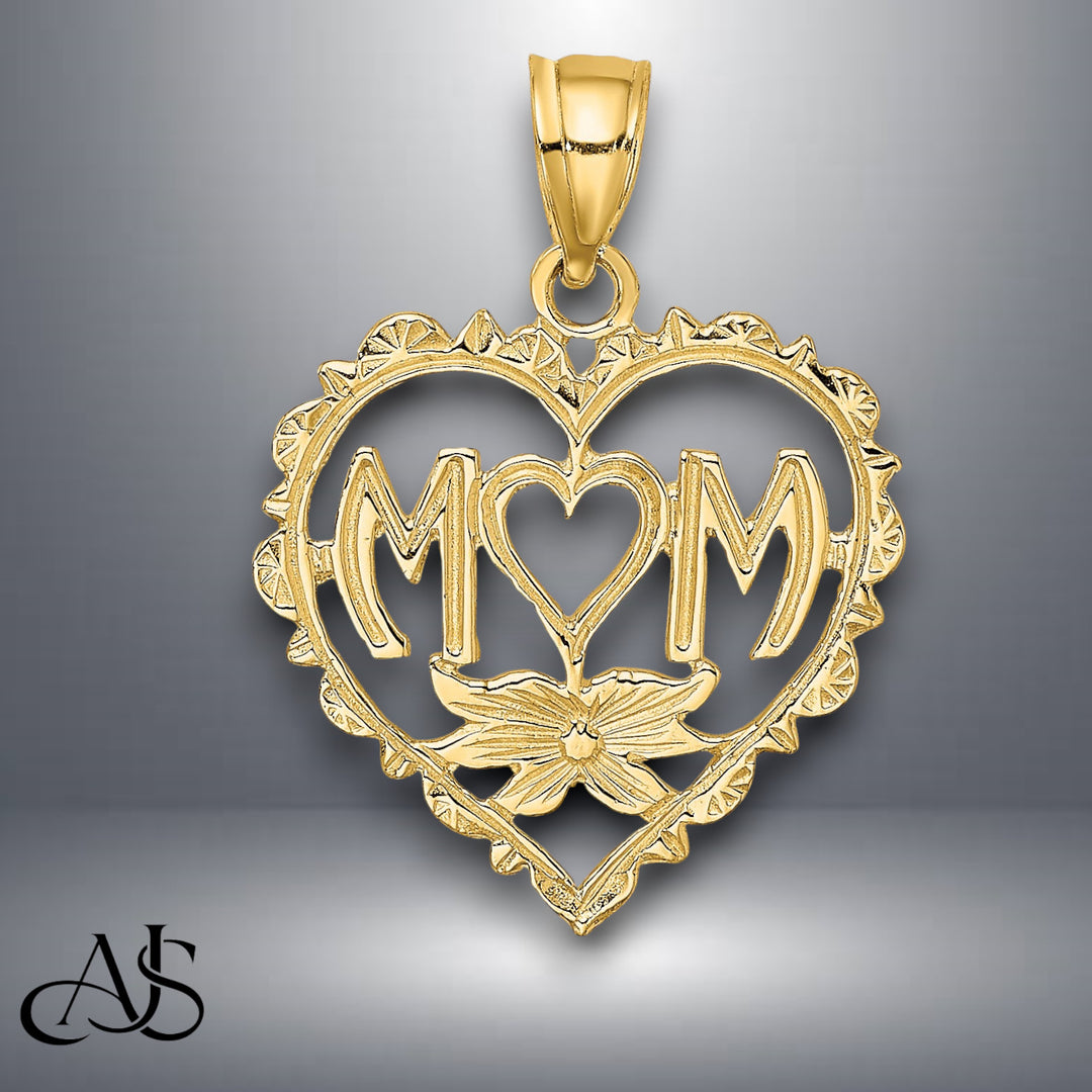 14K Yellow Gold MOM in Heart Charm with Necklace Chain Options