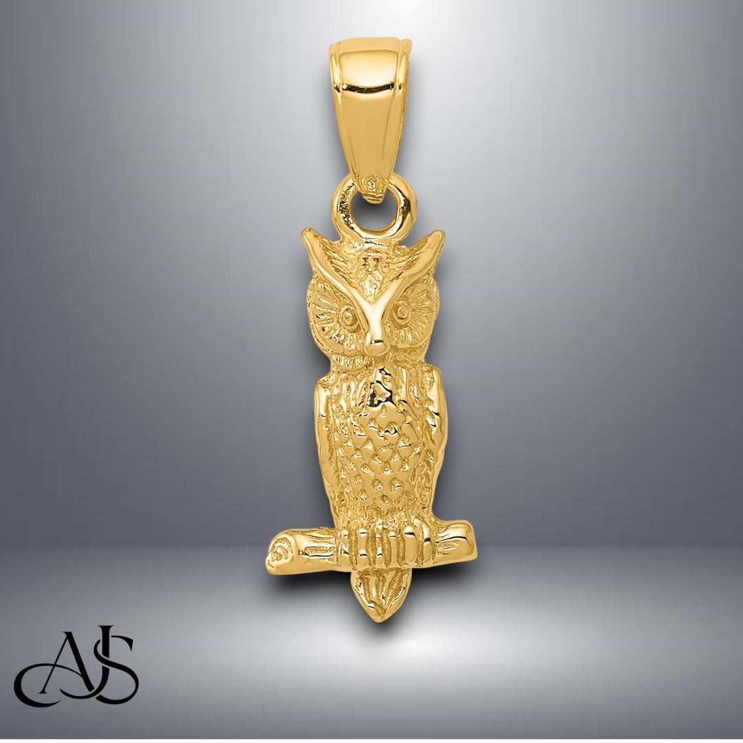 14K Yellow Gold 3-D Owl Pendant with Necklace Chain Options
