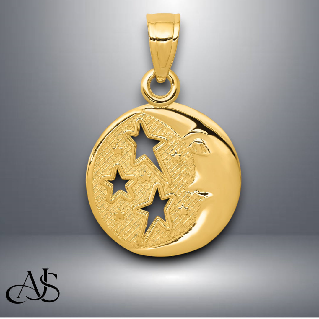 14K Yellow Gold Polished Flat-Backed Moon with Three Stars Pendant with Necklace Chain Options