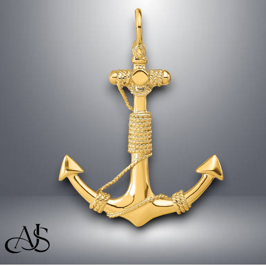 14K Yellow Gold 3-D Solid Anchor with Rope Pendant with Necklace Chain Options