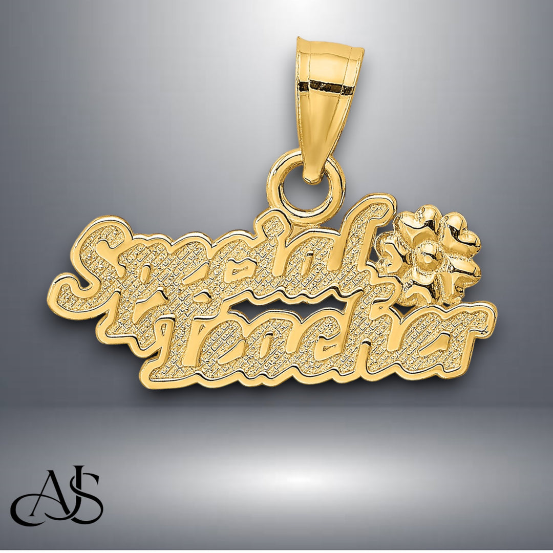 14K Yellow Gold SPECIAL TEACHER with Flower Charm with Necklace Chain Options