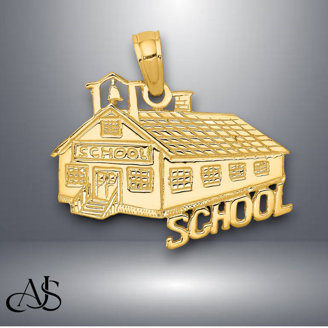 14K Yellow Gold School House Pendant with Necklace Chain Options