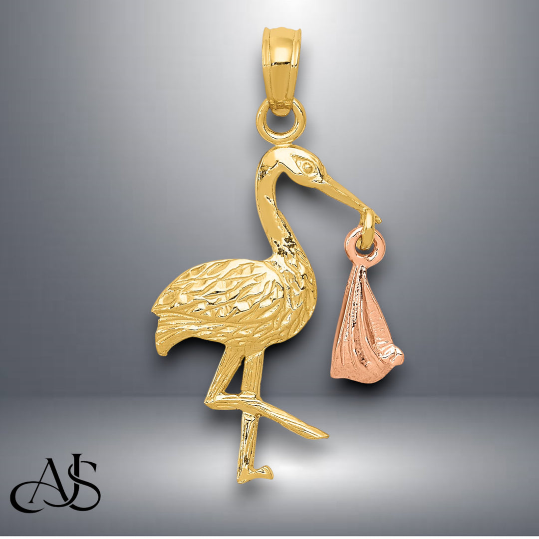 14K Two-tone Gold Stork Pendant with Necklace Chain Options