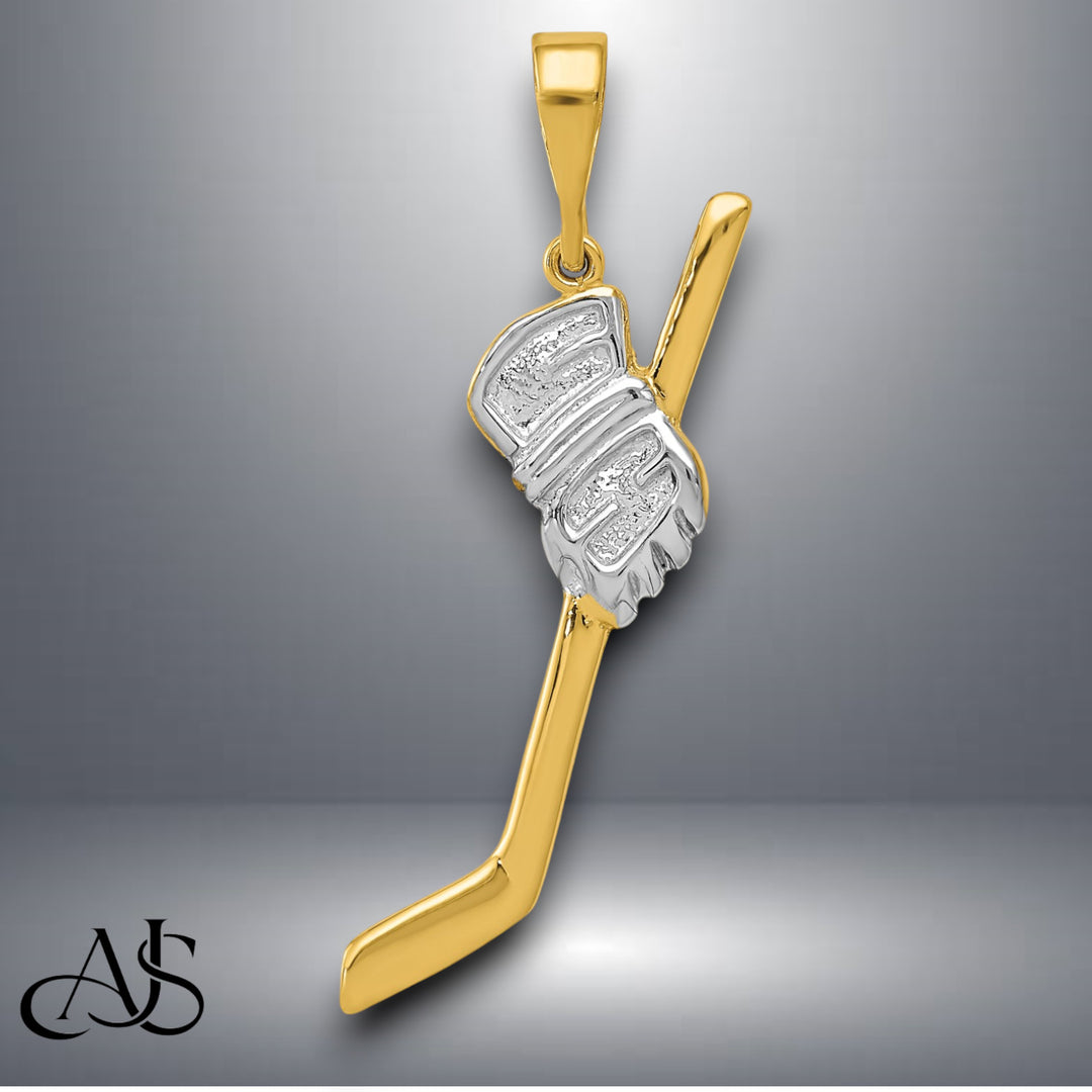 14K Yellow Gold w/Rhodium Solid Polished Hockey Stick Pendant with Necklace Chain Options