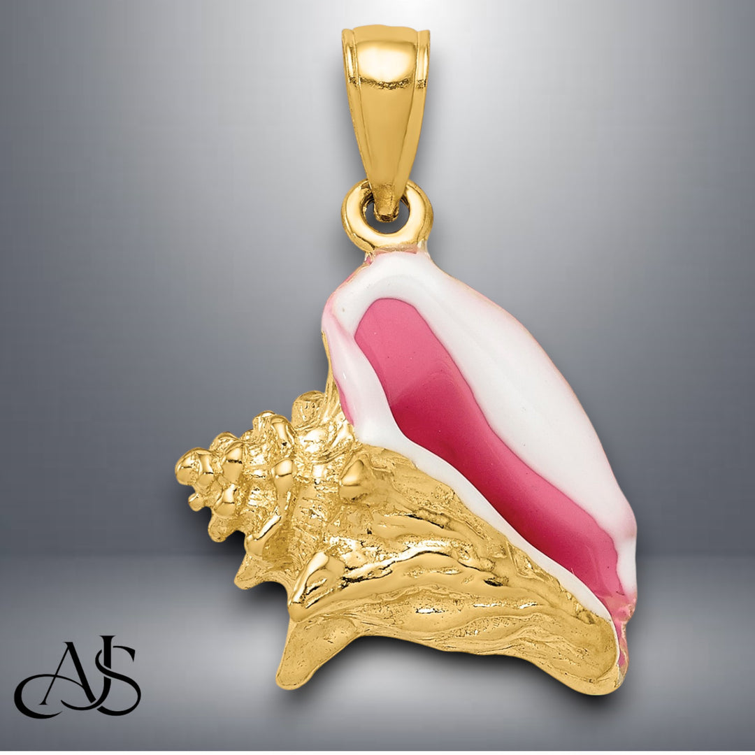 14K Yellow Gold Polished 3-D Pink and White Enameled Conch Shell Pendant with Necklace Chain Options